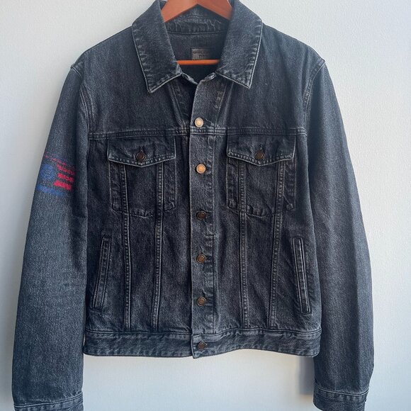 Saint Laurent washed black denim jacket (with american flag on sleeve) - Picture 1 of 3